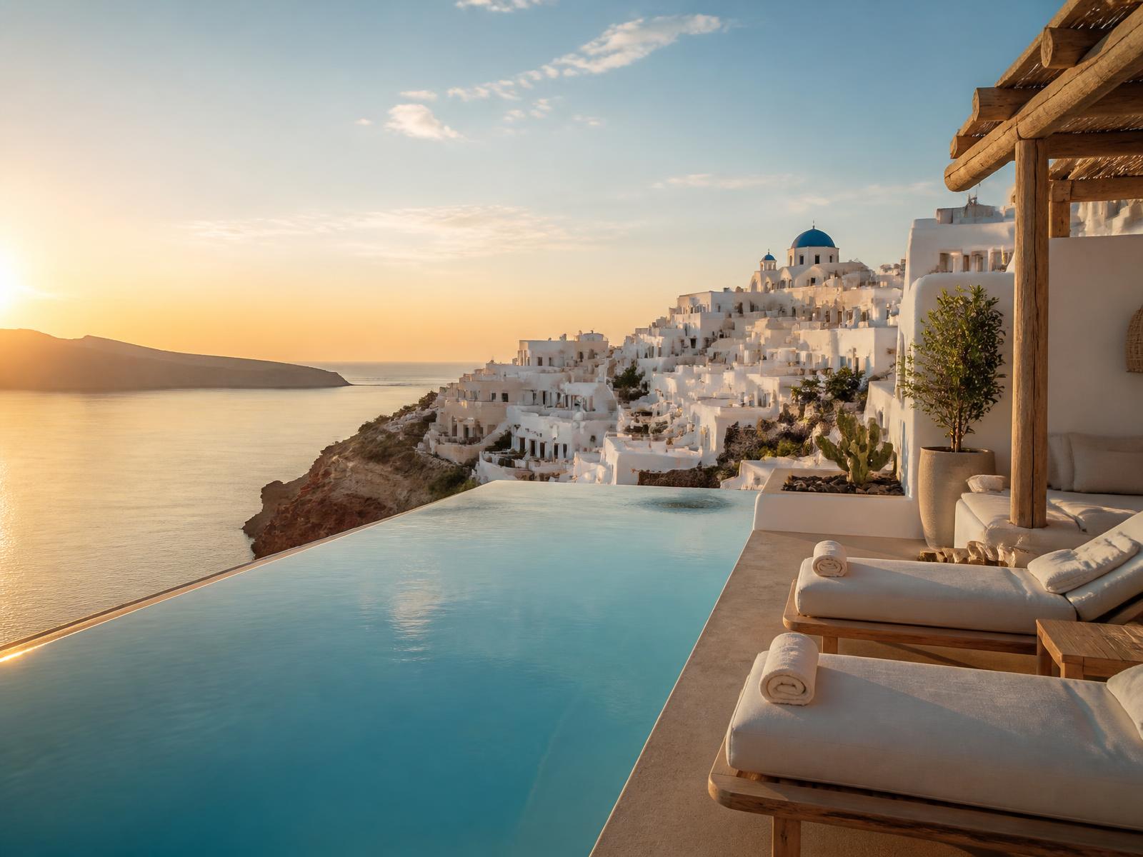 Cliffside infinity pool overlooking a Greek island at sunset